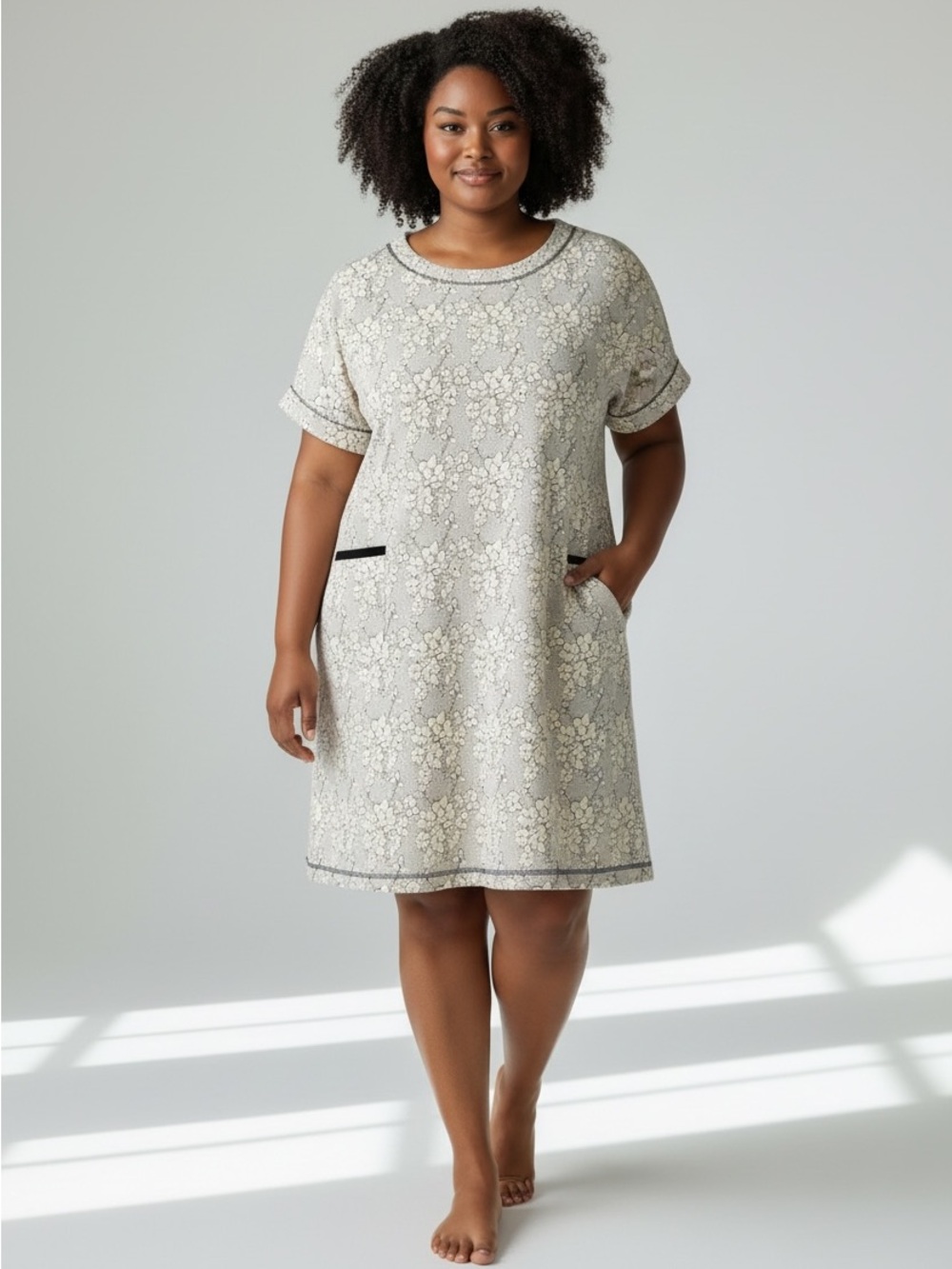 T by Talbots Cream and Black Lace-Print Shift Dress NWOT